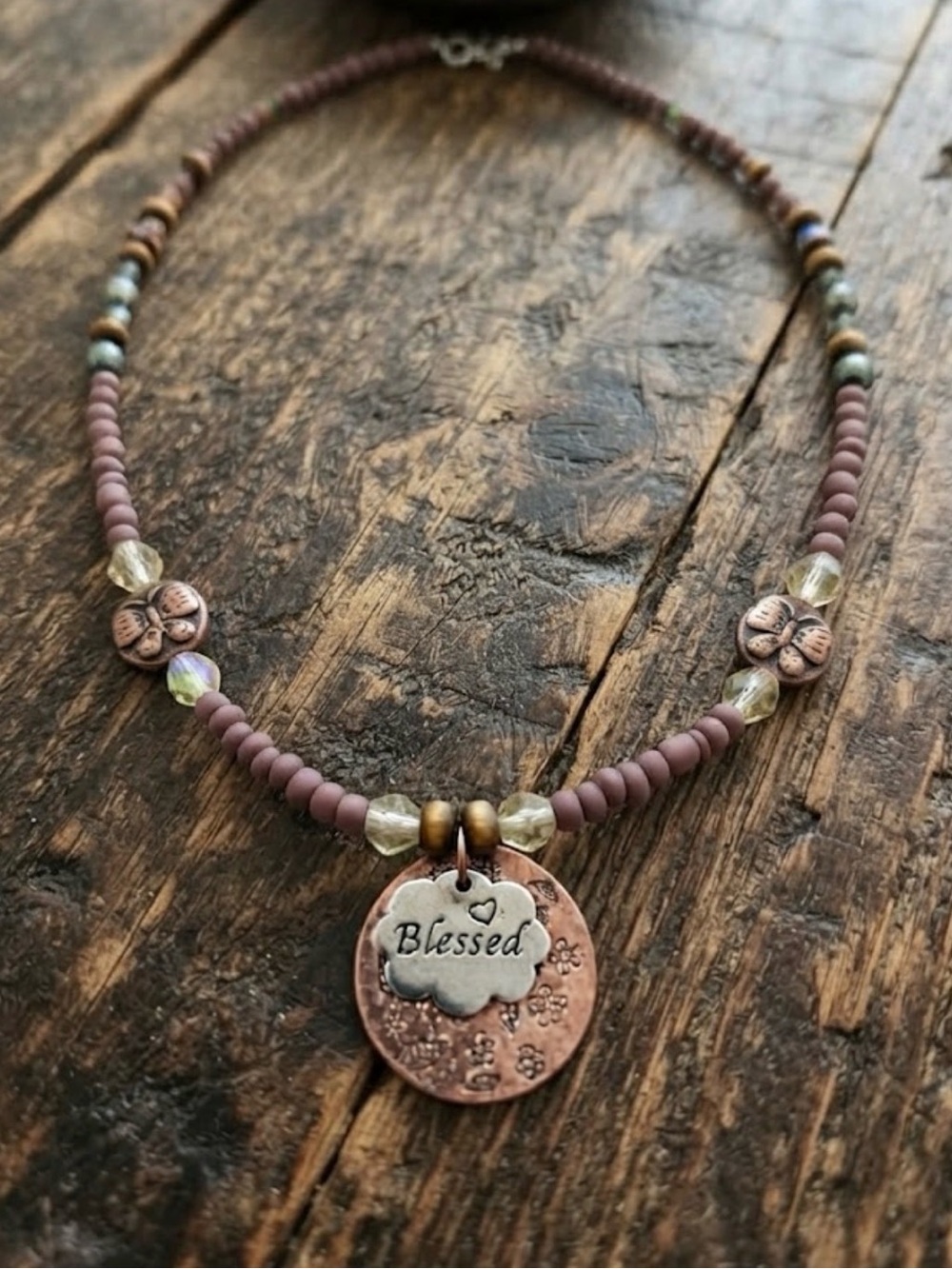 Blessed Pendant Beaded Necklace in Mauve and Copper - Women Jewelry